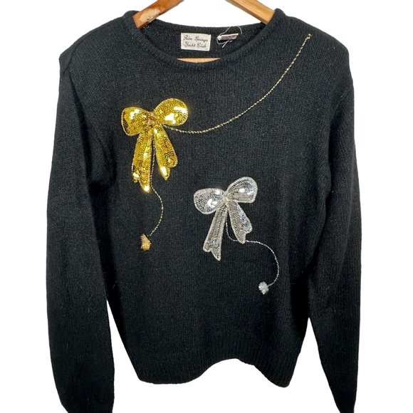 Vintage 80s Womens Sweater Christmas Palm Springs Yacht Club Sequin Bows - Picture 2 of 14